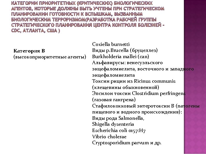 Категория B (высокоприоритетные агенты) Coxiella burnetti Виды p. Brucella (бруцеллез) Burkholderia mallei (can) Альфавирусы: