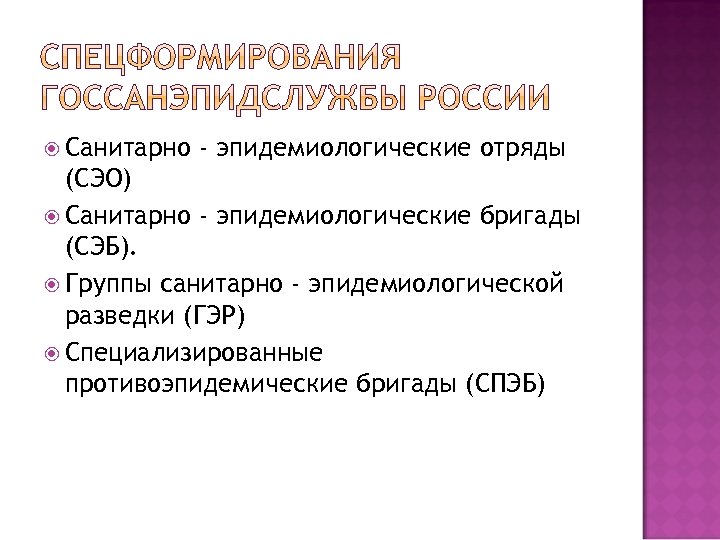  Санитарно - эпидемиологические отряды (СЭО) Санитарно - эпидемиологические бригады (СЭБ). Группы санитарно -