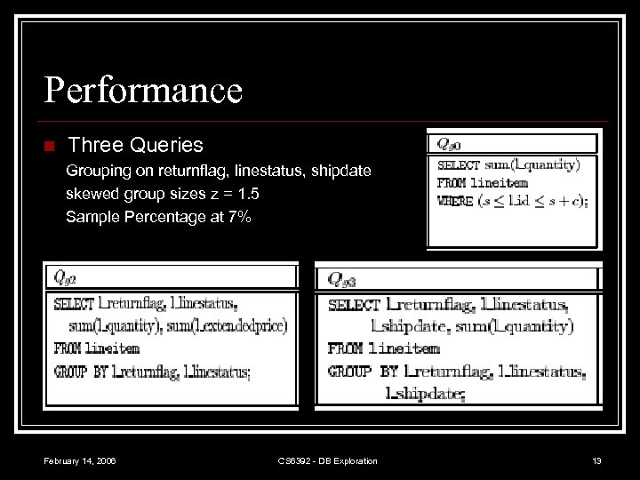 Performance n Three Queries Grouping on returnflag, linestatus, shipdate skewed group sizes z =