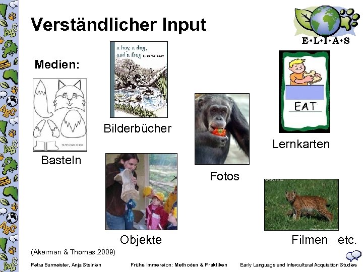 Verständlicher Input Medien: Bilderbücher Lernkarten Basteln Fotos Objekte Filmen etc. (Akerman & Thomas 2009)