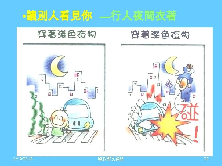  • 讓別人看見你 —行人夜間衣著 3/19/2018 警政署交通組 28 