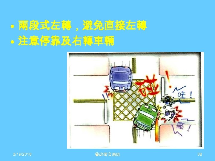  • 兩段式左轉，避免直接左轉 • 注意停靠及右轉車輛 3/19/2018 警政署交通組 38 