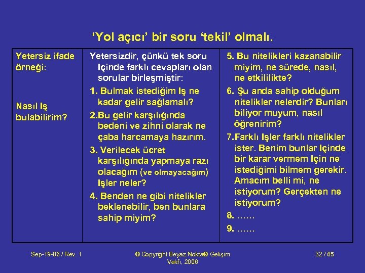 ‘Yol açıcı’ bir soru ‘tekil’ olmalı. Yetersiz ifade örneği: Nasıl Iş bulabilirim? Sep-19 -06