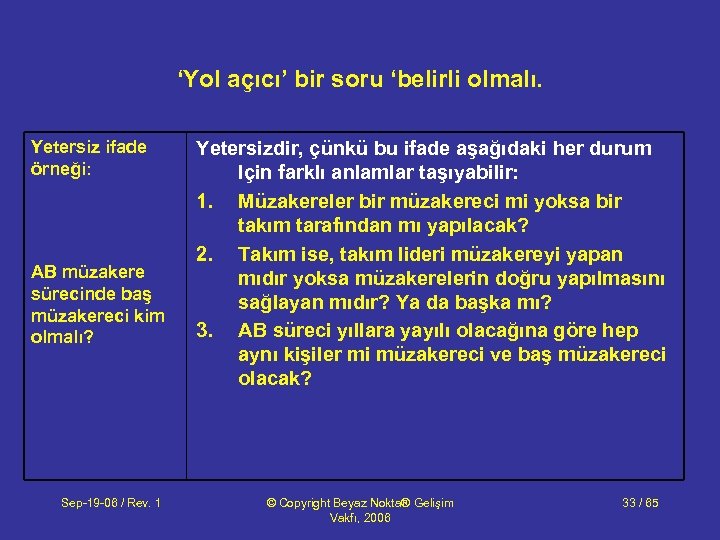 ‘Yol açıcı’ bir soru ‘belirli olmalı. Yetersiz ifade örneği: AB müzakere sürecinde baş müzakereci