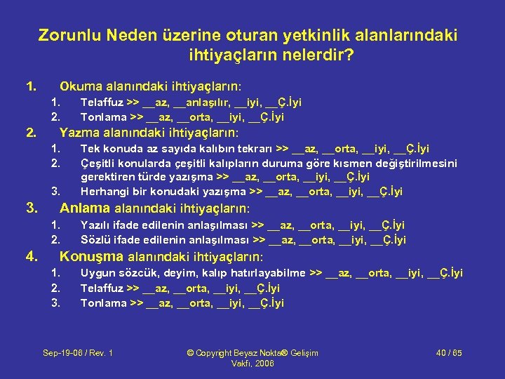 Zorunlu Neden üzerine oturan yetkinlik alanlarındaki ihtiyaçların nelerdir? 1. Okuma alanındaki ihtiyaçların: 1. 2.