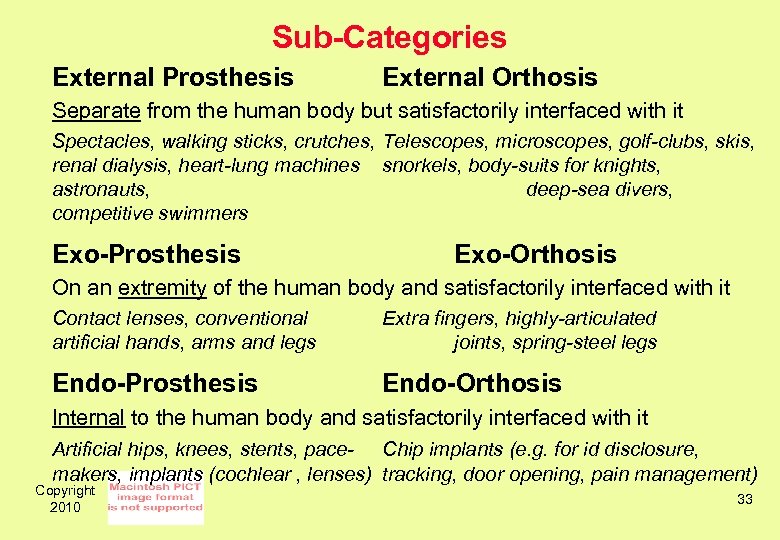 Sub-Categories External Prosthesis External Orthosis Separate from the human body but satisfactorily interfaced with