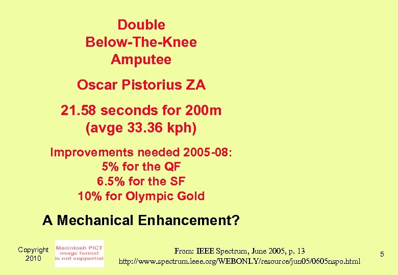 Double Below-The-Knee Amputee Oscar Pistorius ZA 21. 58 seconds for 200 m (avge 33.