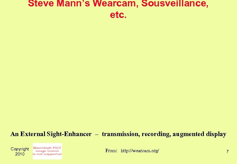 Steve Mann’s Wearcam, Sousveillance, etc. An External Sight-Enhancer – transmission, recording, augmented display Copyright