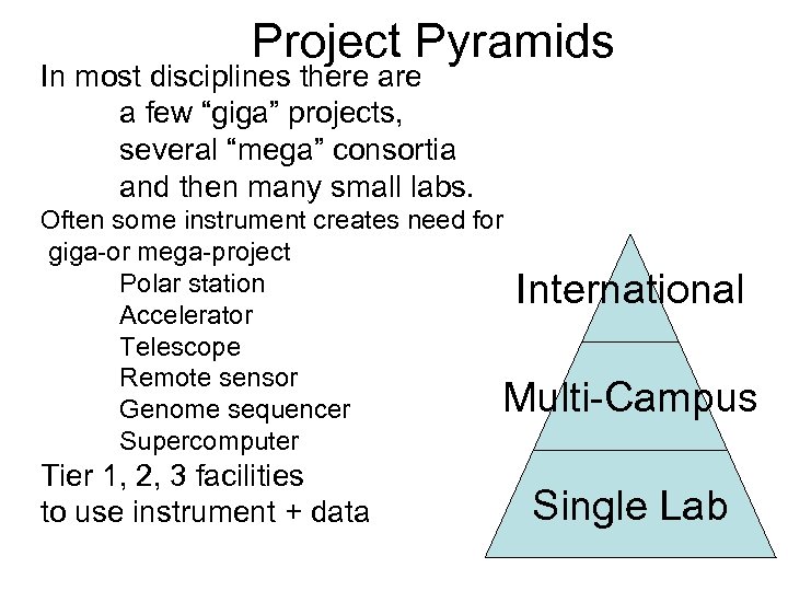 Project Pyramids In most disciplines there a few “giga” projects, several “mega” consortia and