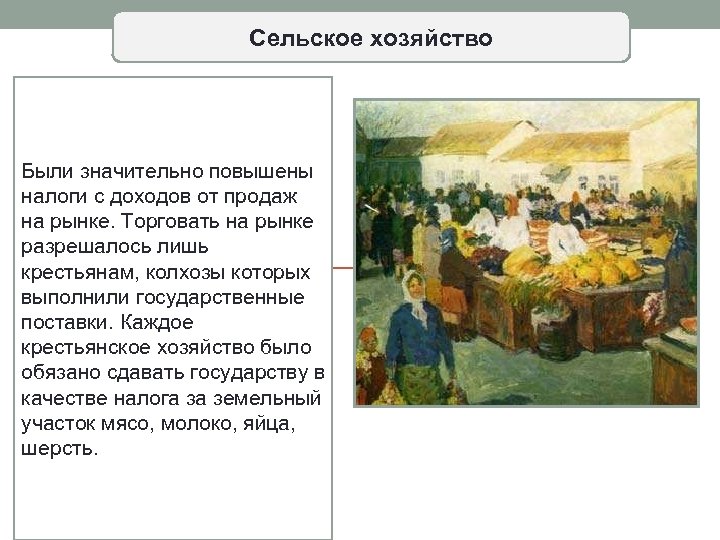 Сельское хозяйство Были значительно повышены налоги с доходов от продаж на рынке. Торговать на