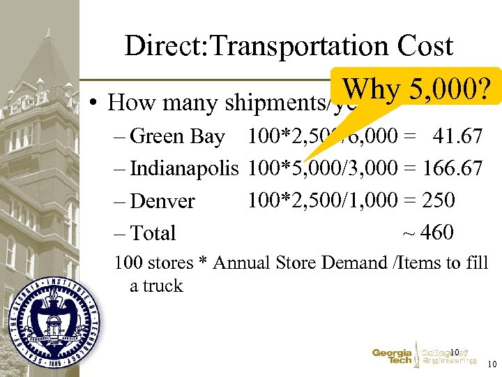 Direct: Transportation Cost Why 5, 000? • How many shipments/year? – Green Bay 100*2,