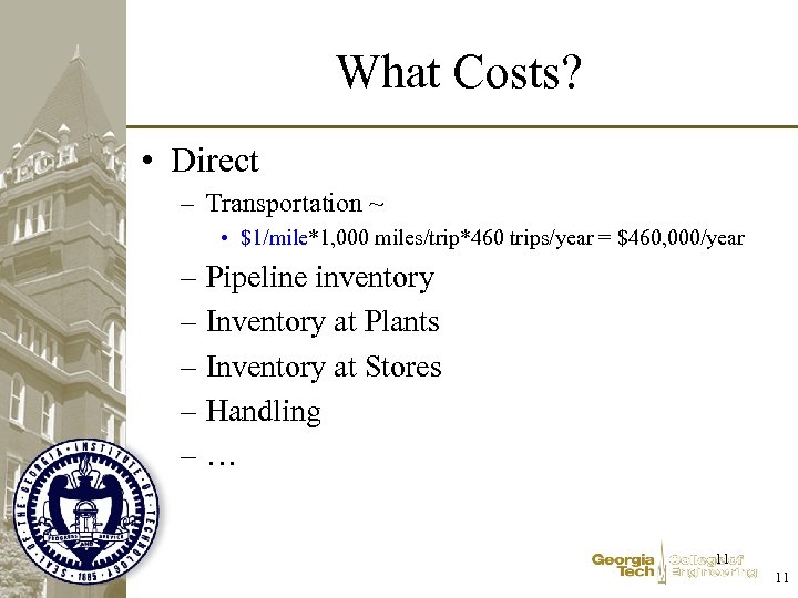 What Costs? • Direct – Transportation ~ • $1/mile*1, 000 miles/trip*460 trips/year = $460,