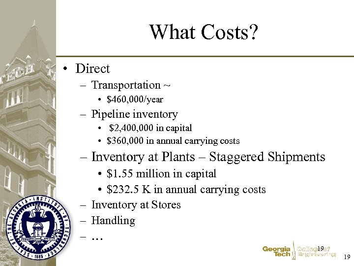 What Costs? • Direct – Transportation ~ • $460, 000/year – Pipeline inventory •
