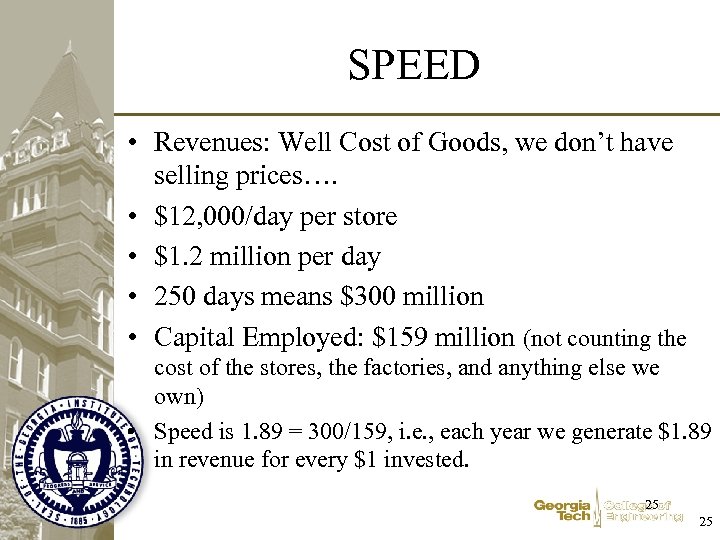 SPEED • Revenues: Well Cost of Goods, we don’t have selling prices…. • $12,