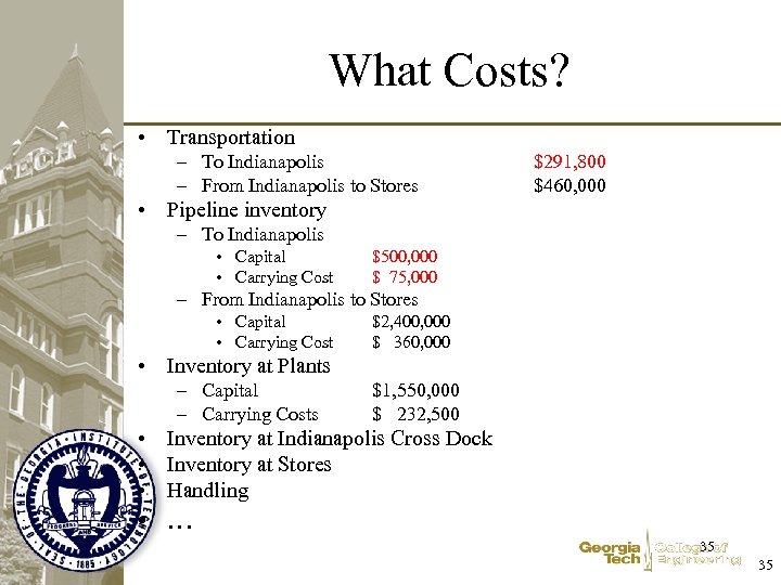 What Costs? • Transportation – To Indianapolis – From Indianapolis to Stores $291, 800