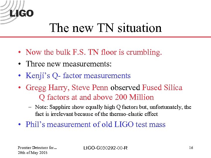 The new TN situation • • Now the bulk F. S. TN floor is
