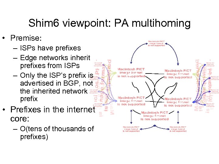 Shim 6 viewpoint: PA multihoming • Premise: – ISPs have prefixes – Edge networks