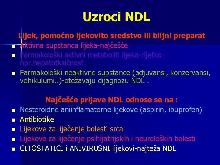 Uzroci NDL Lijek, pomoćno ljekovito sredstvo ili biljni preparat n Aktivna supstanca lijeka-najčešće n