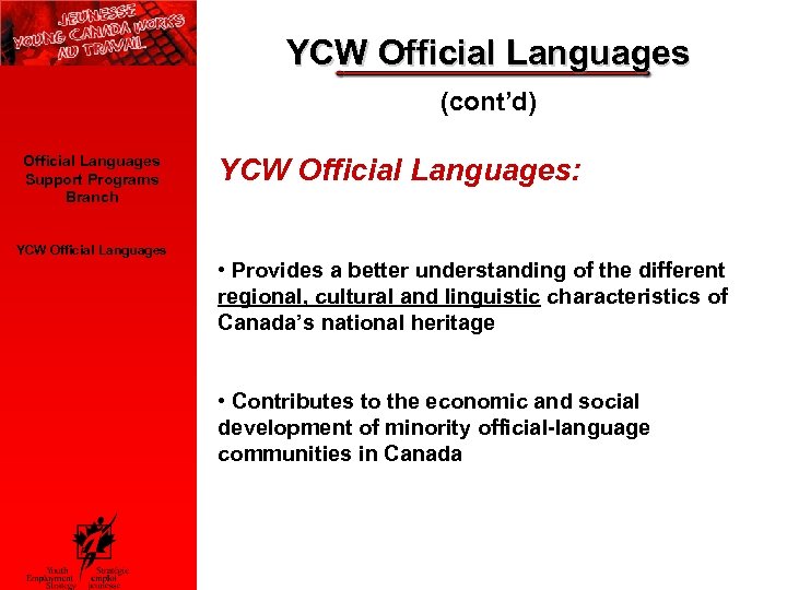 YCW Official Languages (cont’d) Official Languages Support Programs Branch YCW Official Languages: • Provides