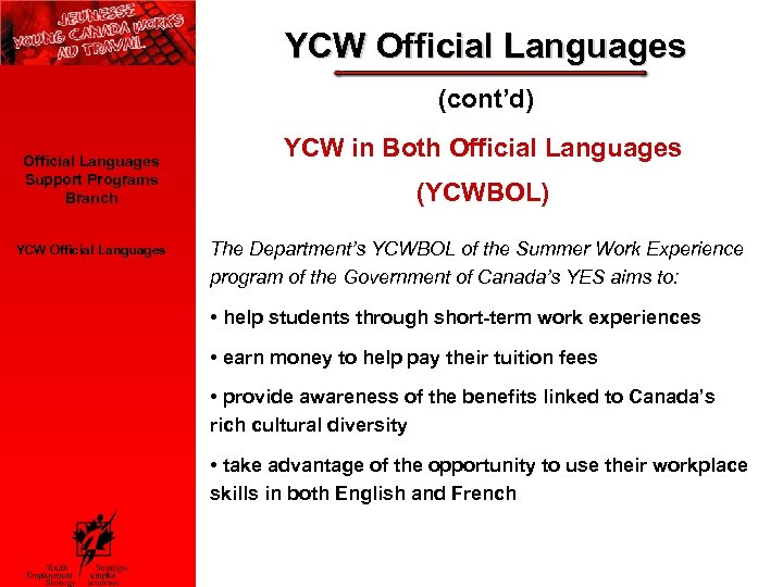 YCW Official Languages (cont’d) Official Languages Support Programs Branch YCW Official Languages YCW in