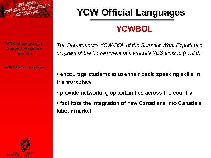 YCW Official Languages YCWBOL Official Languages Support Programs Branch The Department’s YCW-BOL of the