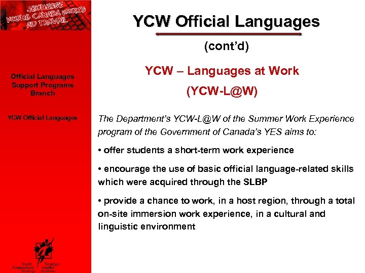 YCW Official Languages (cont’d) Official Languages Support Programs Branch YCW Official Languages YCW –