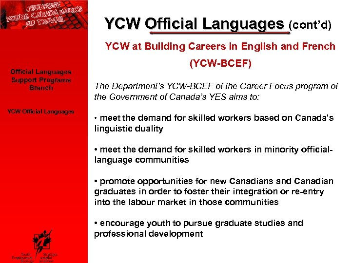 YCW Official Languages (cont’d) YCW at Building Careers in English and French Official Languages