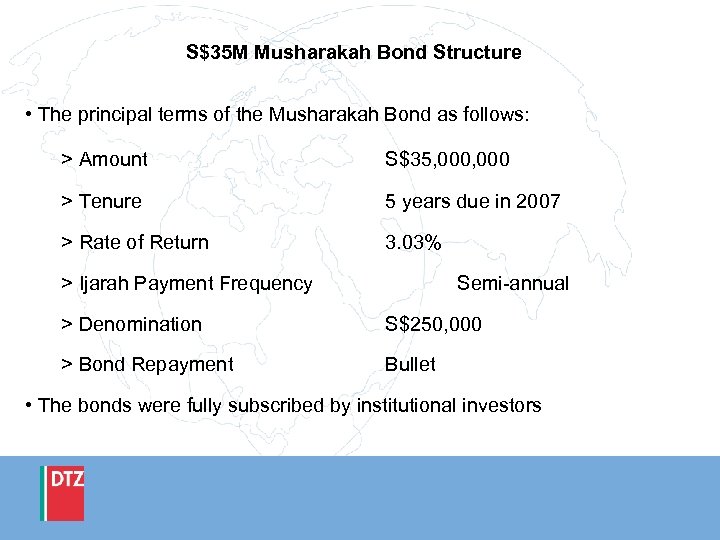 S$35 M Musharakah Bond Structure • The principal terms of the Musharakah Bond as