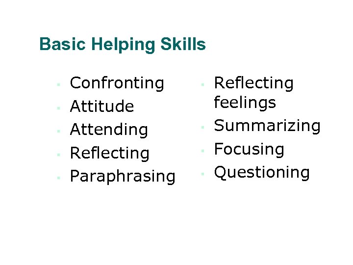 Basic Helping Skills ▪ ▪ ▪ Confronting Attitude Attending Reflecting Paraphrasing ▪ ▪ Reflecting