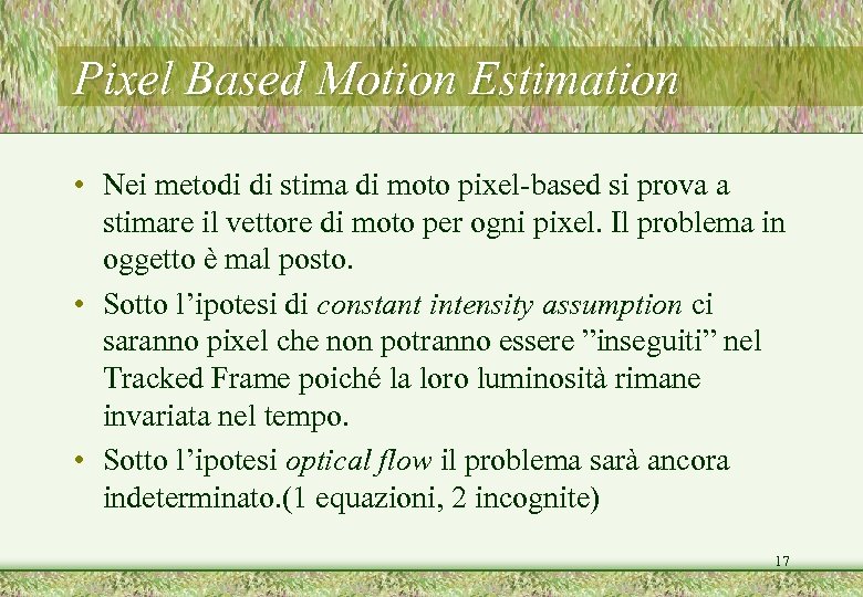 Pixel Based Motion Estimation • Nei metodi di stima di moto pixel-based si prova