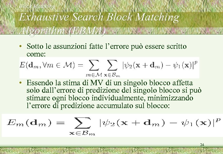 Block Matching Exhaustive Search Block Matching Algorithm (EBMA) • Sotto le assunzioni fatte l’errore