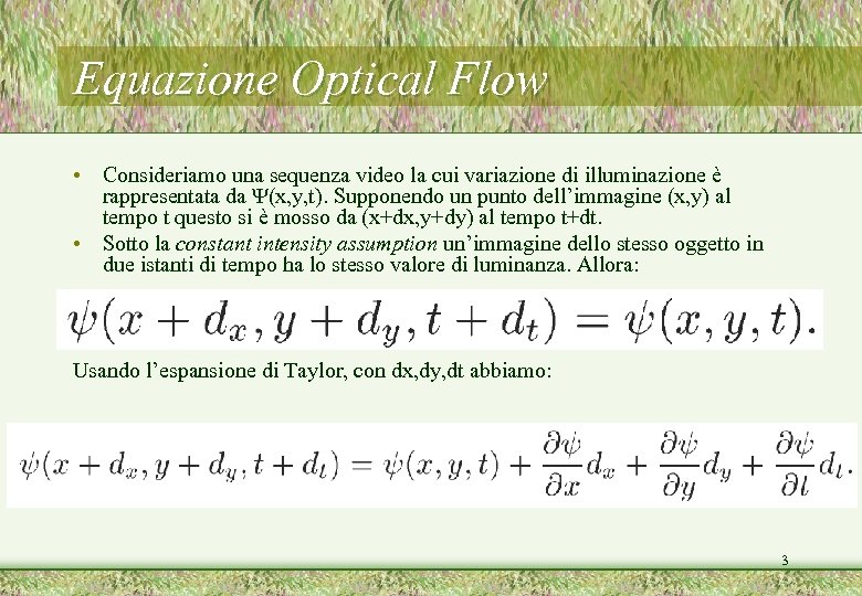 Equazione Optical Flow • Consideriamo una sequenza video la cui variazione di illuminazione è