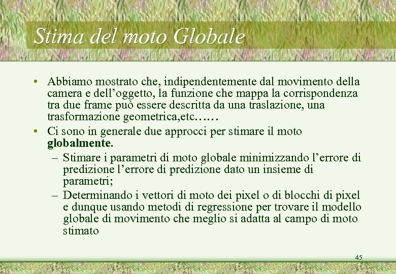 Stima del moto Globale • Abbiamo mostrato che, indipendentemente dal movimento della camera e