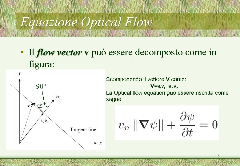 Equazione Optical Flow • Il flow vector v può essere decomposto come in figura: