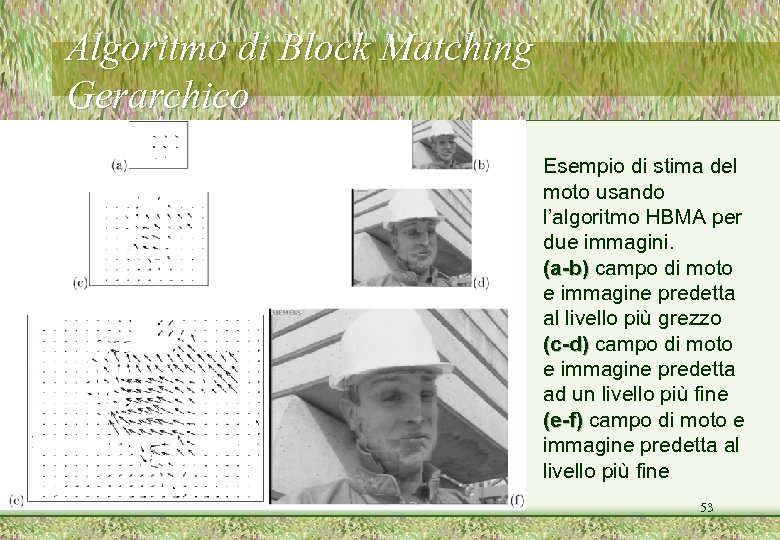 Algoritmo di Block Matching Gerarchico Esempio di stima del moto usando l’algoritmo HBMA per