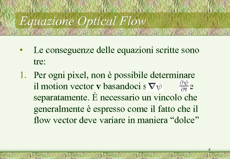 Equazione Optical Flow • Le conseguenze delle equazioni scritte sono tre: 1. Per ogni