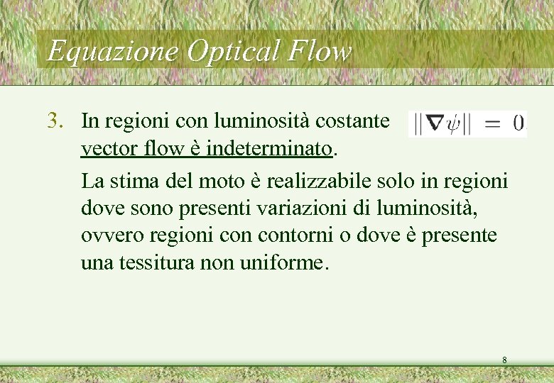 Equazione Optical Flow 3. In regioni con luminosità costante il vector flow è indeterminato.