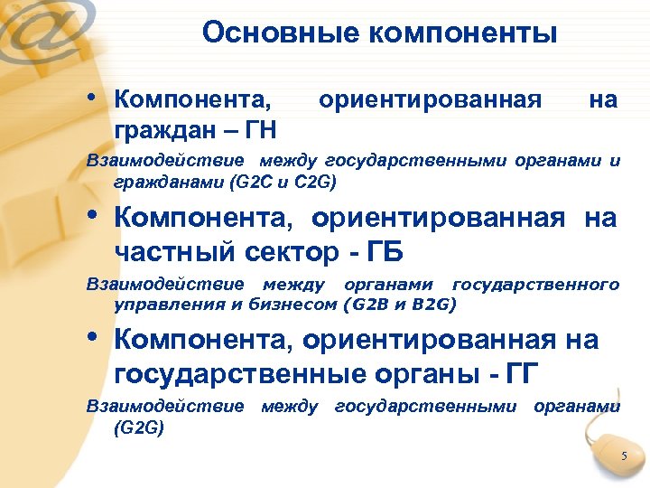 Основные компоненты • Компонента, ориентированная на граждан – ГН Взаимодействие между государственными органами и