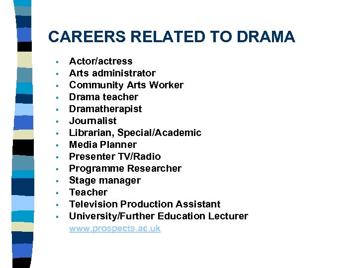 CAREERS RELATED TO DRAMA § § § § Actor/actress Arts administrator Community Arts Worker
