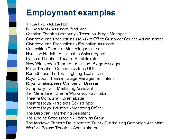 Employment examples THEATRE - RELATED Bill Kenright - Assistant Producer Creation Theatre Company -
