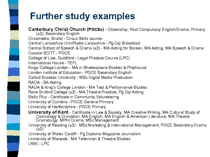 Further study examples Canterbury Christ Church (PGCEs) - Citizenship, Post Compulsory English/Drama, Primary (x