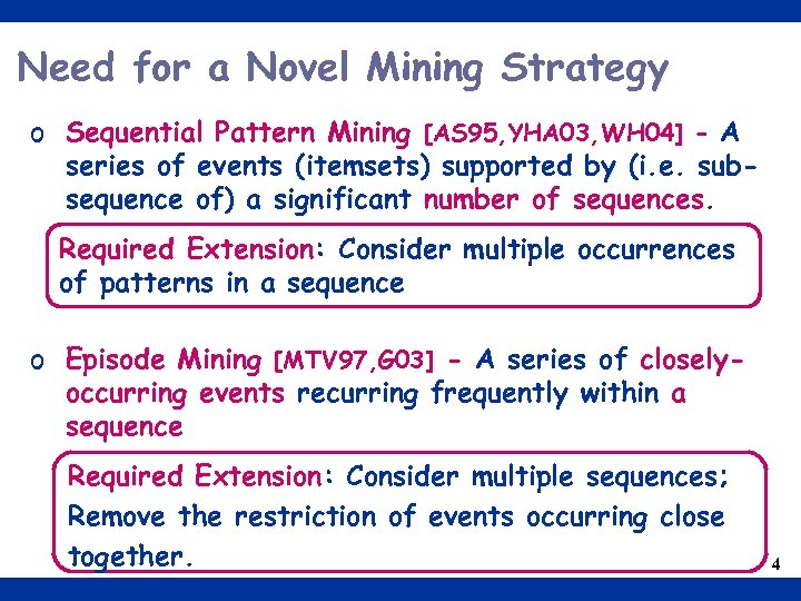 Need for a Novel Mining Strategy o Sequential Pattern Mining [AS 95, YHA 03,