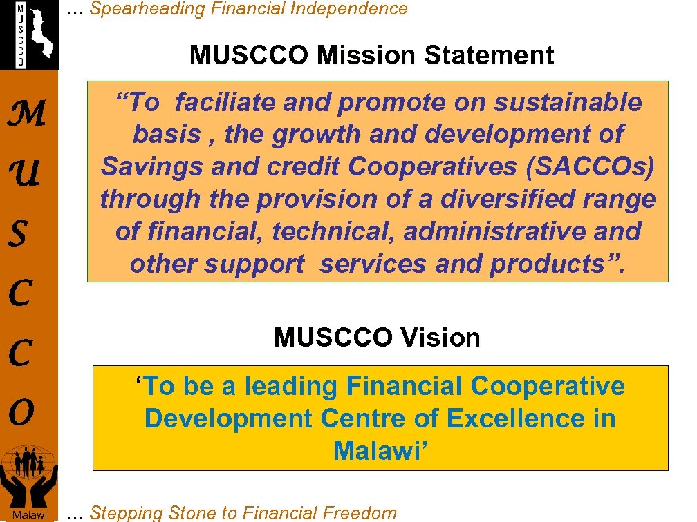 … Spearheading Financial Independence MUSCCO Mission Statement M U S C C O Malawi