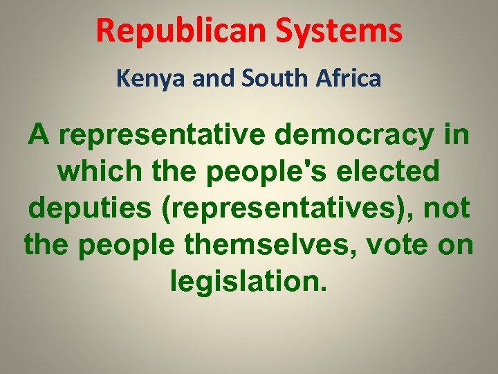 Republican Systems Kenya and South Africa A representative democracy in which the people's elected