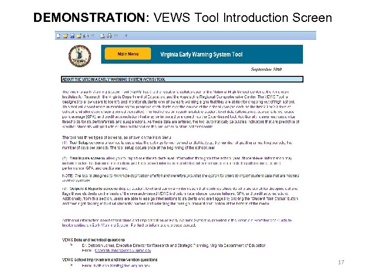 DEMONSTRATION: VEWS Tool Introduction Screen 17 