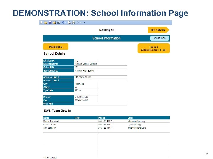 DEMONSTRATION: School Information Page 19 