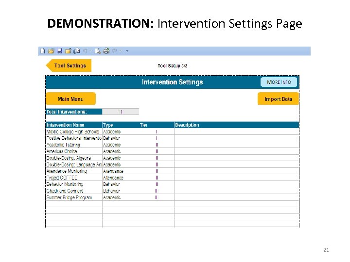 DEMONSTRATION: Intervention Settings Page 21 