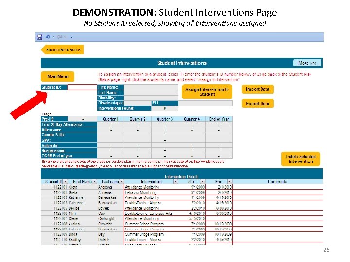 DEMONSTRATION: Student Interventions Page No Student ID selected, showing all interventions assigned 26 