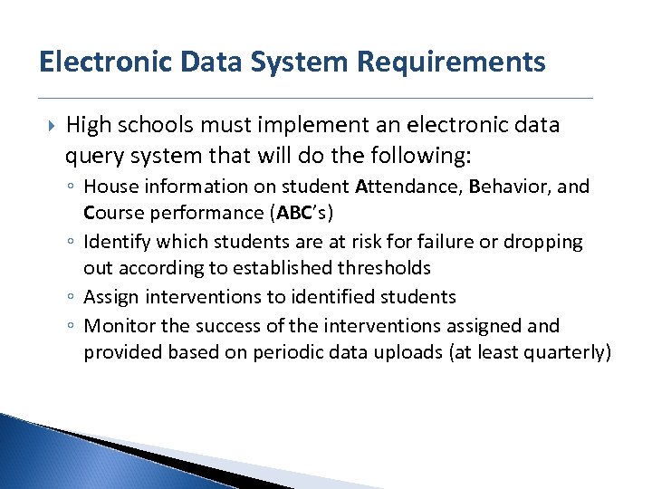 Electronic Data System Requirements High schools must implement an electronic data query system that