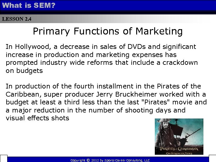 What is SEM? LESSON 2. 4 Primary Functions of Marketing In Hollywood, a decrease